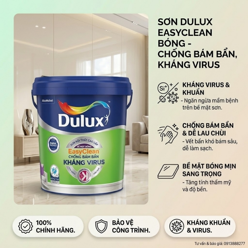 Sơn Dulux EasyClean Chống Bám Bẩn Kháng Virus Bóng (E017B)