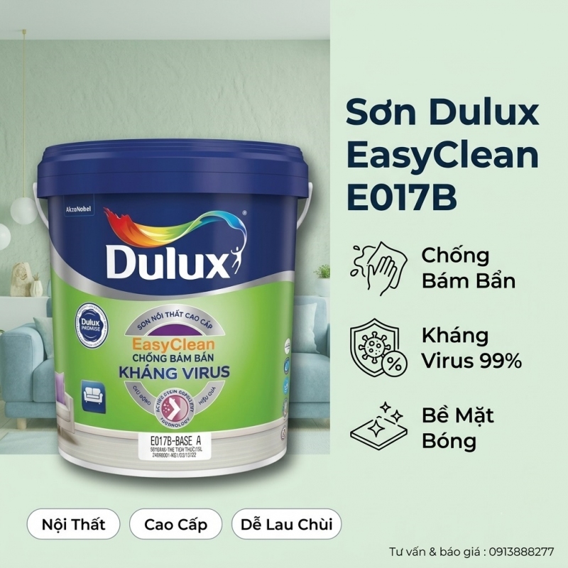 Sơn Dulux EasyClean Chống Bám Bẩn Kháng Virus Bóng E017B 15L