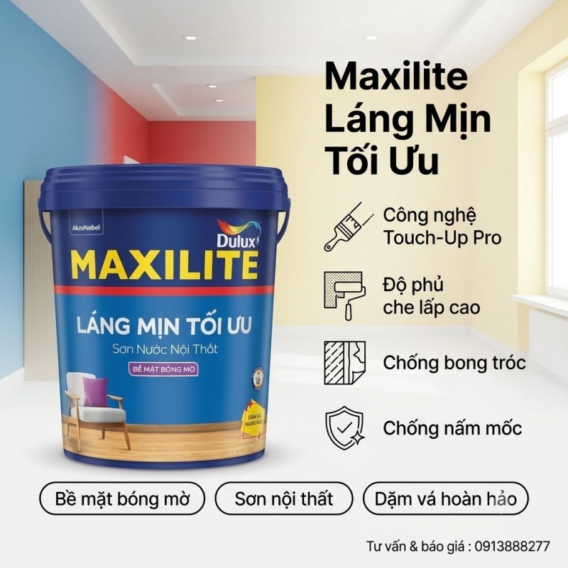 Sơn Maxilite Nội Thất Láng Mịn Tối Ưu M16B Bóng Mờ 15L