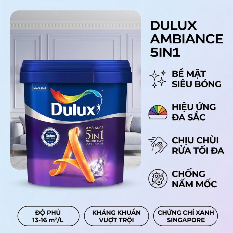 Sơn Nội Thất Dulux Ambiance 5in1 Diamond Glow Siêu Bóng 66AB 15L