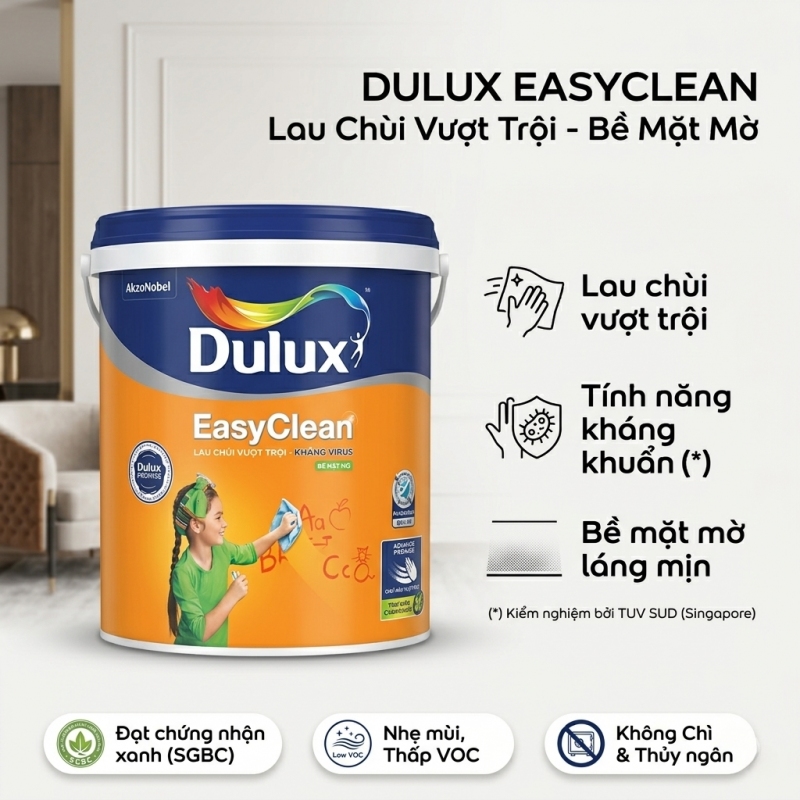 Sơn Nội Thất Dulux EasyClean Lau Chùi Vượt Trội Kháng Virus Mờ 99A 15L