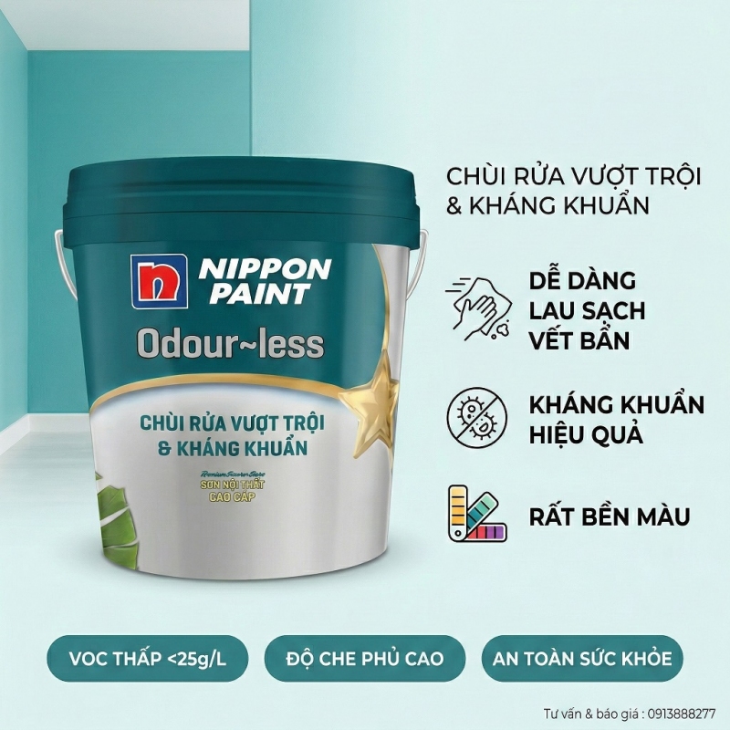 Sơn Nội Thất Nippon Odour less Chùi Rửa Vượt Trội & Kháng Khuẩn 15L