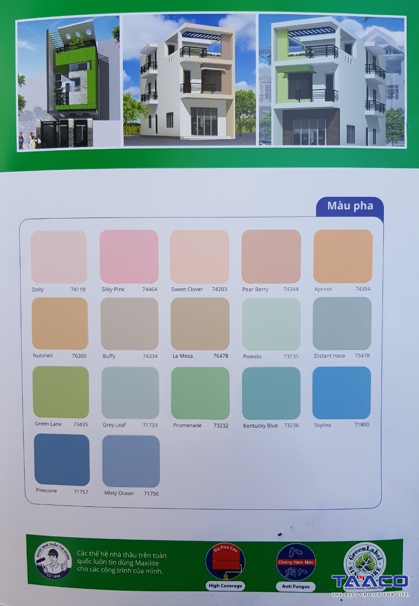 Với bảng màu sơn ngoài trời Maxilite, bạn có thể tạo ra bề mặt hoàn hảo cho ngôi nhà và tự tin đối diện với thời tiết khắc nghiệt. Hãy xem hình ảnh để tận hưởng những sắc màu đẹp nhất của Maxilite.