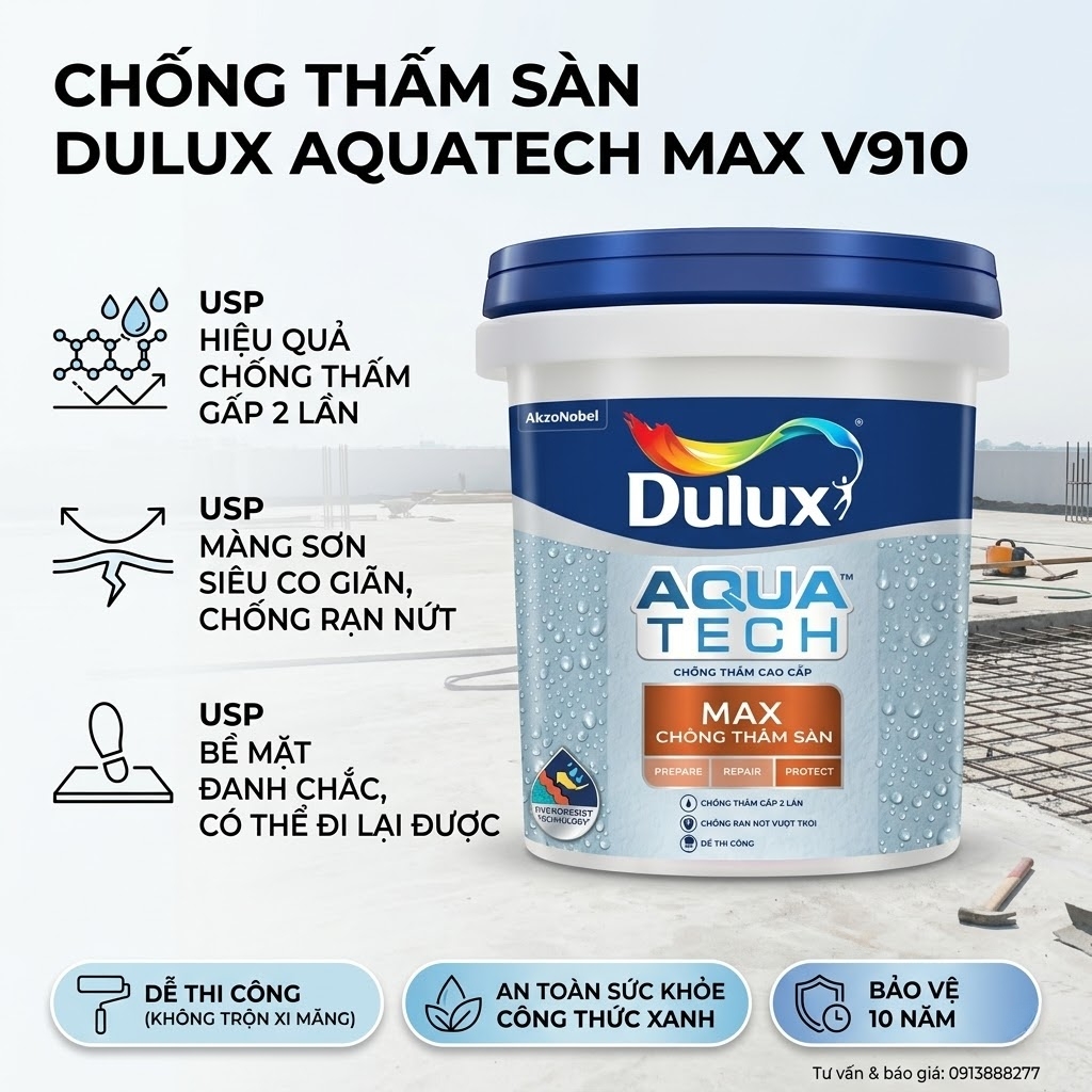 Chất Chống Thấm Sàn Dulux Aquatech Max V910 chống thấm ngăn nước thẩm thấu qua bê tông sàn