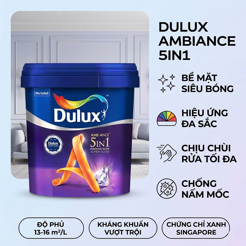 Sơn Nội Thất Dulux Ambiance 5in1 Diamond Glow Siêu Bóng 66AB 15L